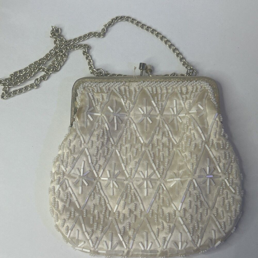Vintage Walborg Beaded Evening Bag Purse Made in Hong Kong Ivory Beaded Purse